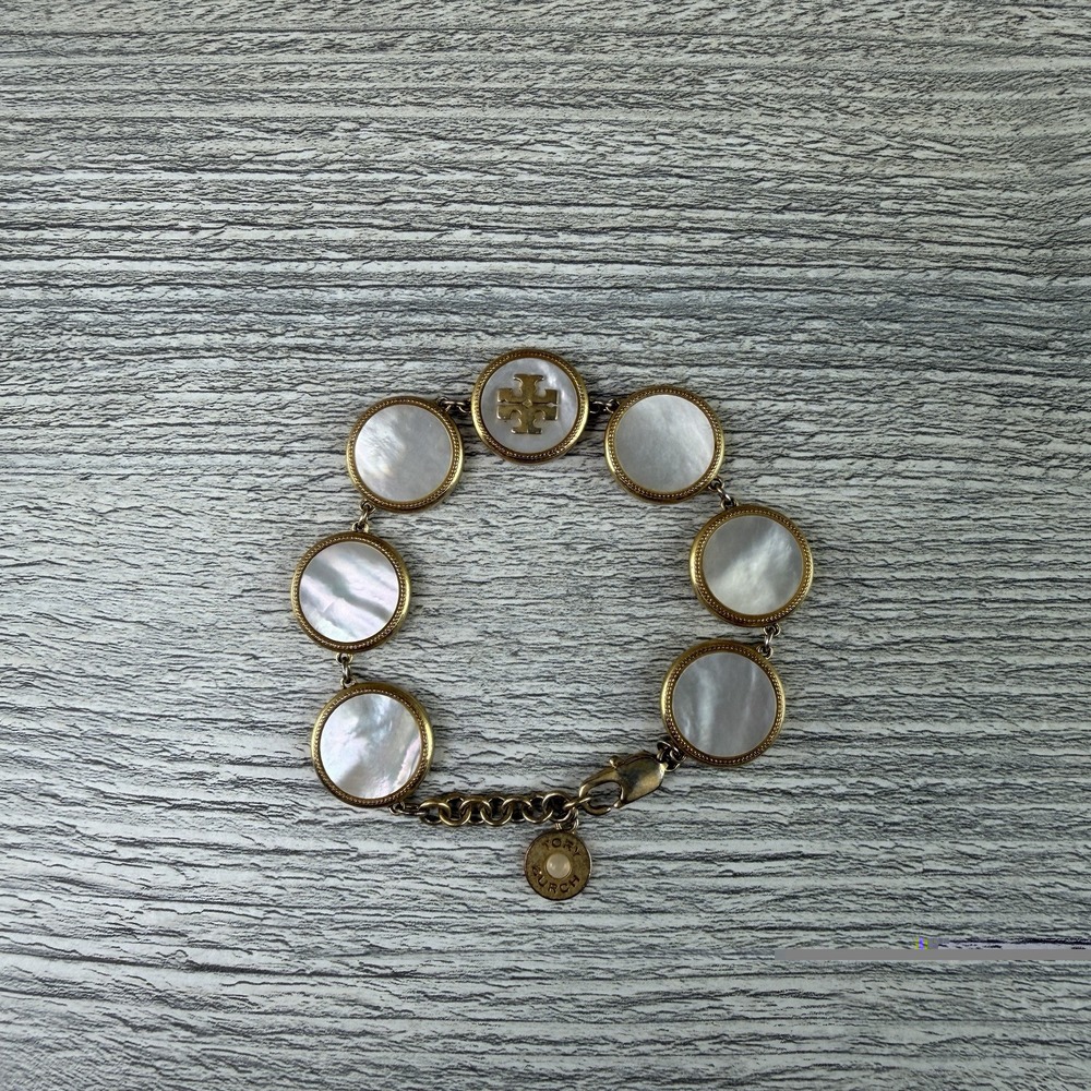 Tory Burch Mother of Pearl Logo Disc Link Bracelet Gold Tone Adjustable